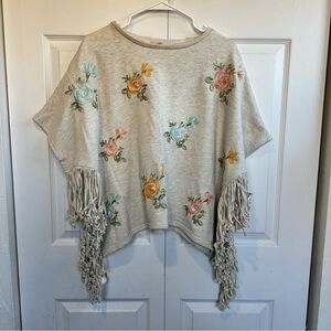 Anthropologie TP Floral Boho Embroidered Fringe Poncho Sweatshirt Creme OS NWT